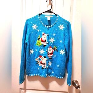 Vtg Christmas Sweater Ugly Tacky Carly St Claire Santa Snowflake Cardigan Sz PL